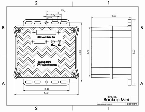 dimensioned drawing of the 12V 1.2AH battery backup for vehicle electronics