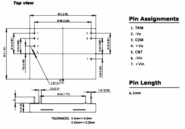 Dimensions and pin out of DC converter module